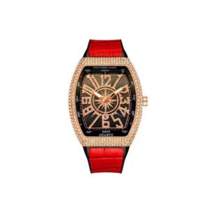 Pin Time Quality Rugged Amor Ice Out Studded Red Strap Wrist Watch